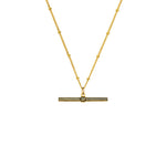 Marlene T-Bar Necklace hanging on gold chain on white background
