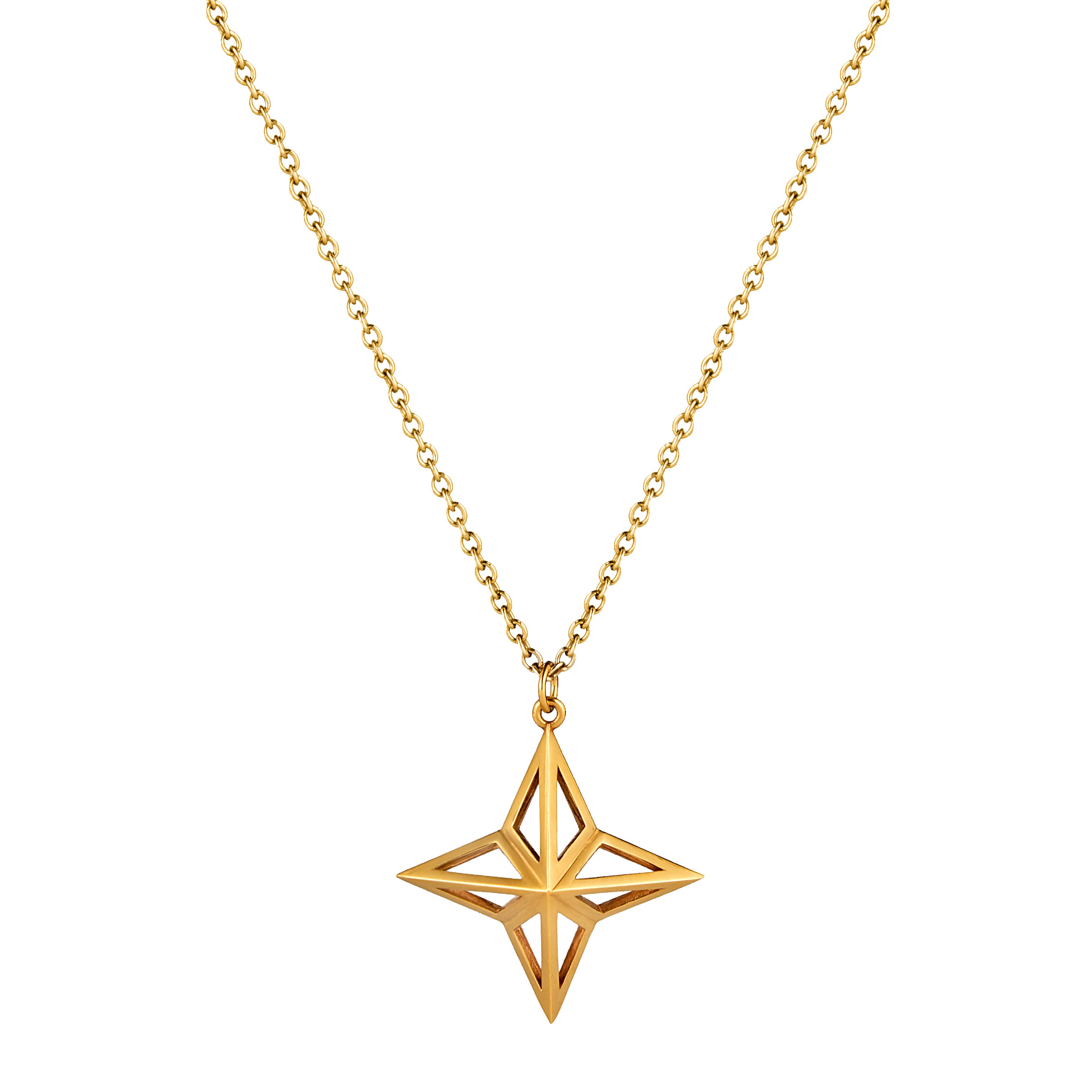 Gold Vermeil Theodora Pendant made of 8 interlocking triangles on gold chain on white background