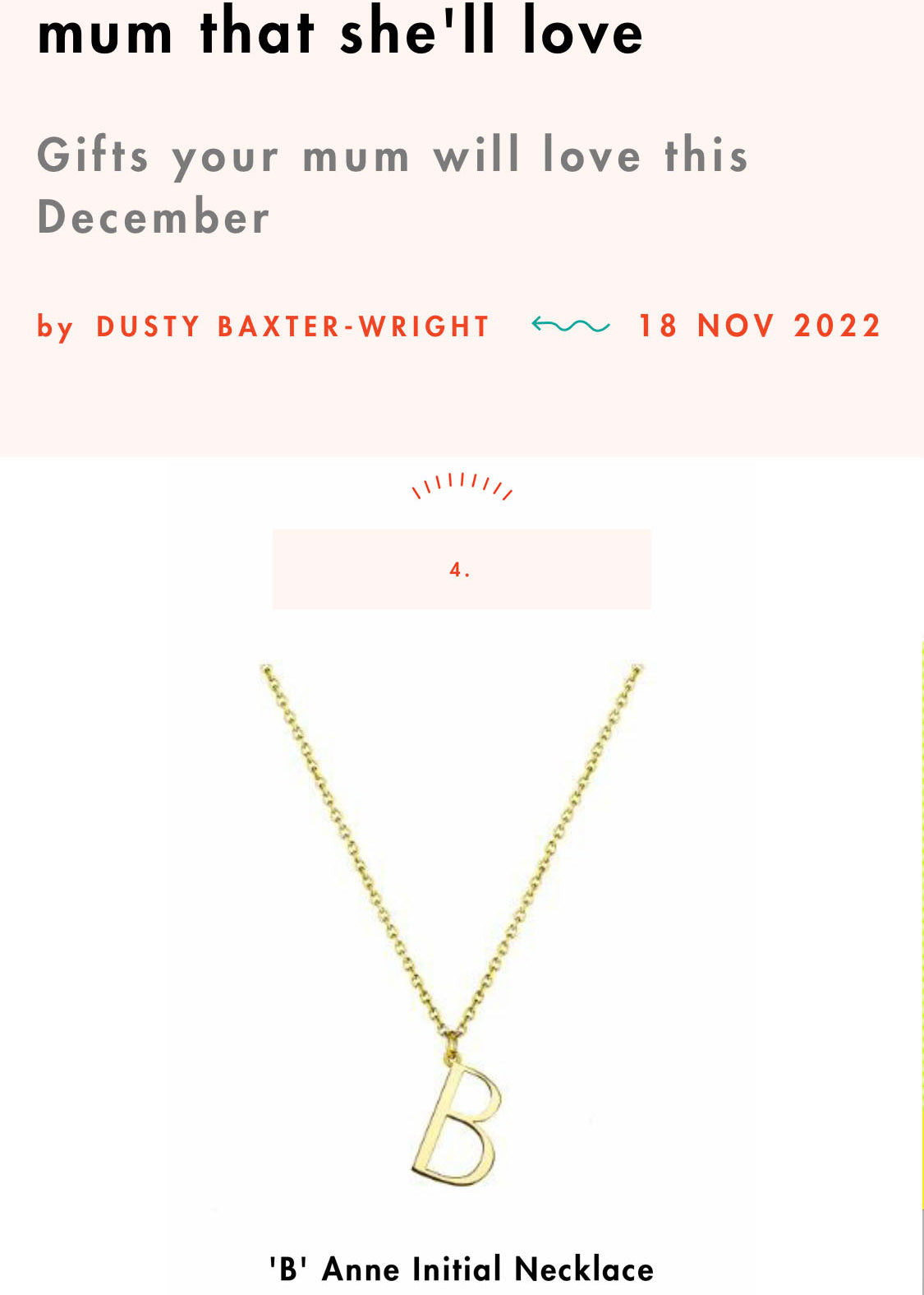 Screenshot of Cosmo 23 Christmas Presents She'll Love feature our Antonia Guise Initial Necklaces we're spotlighted in