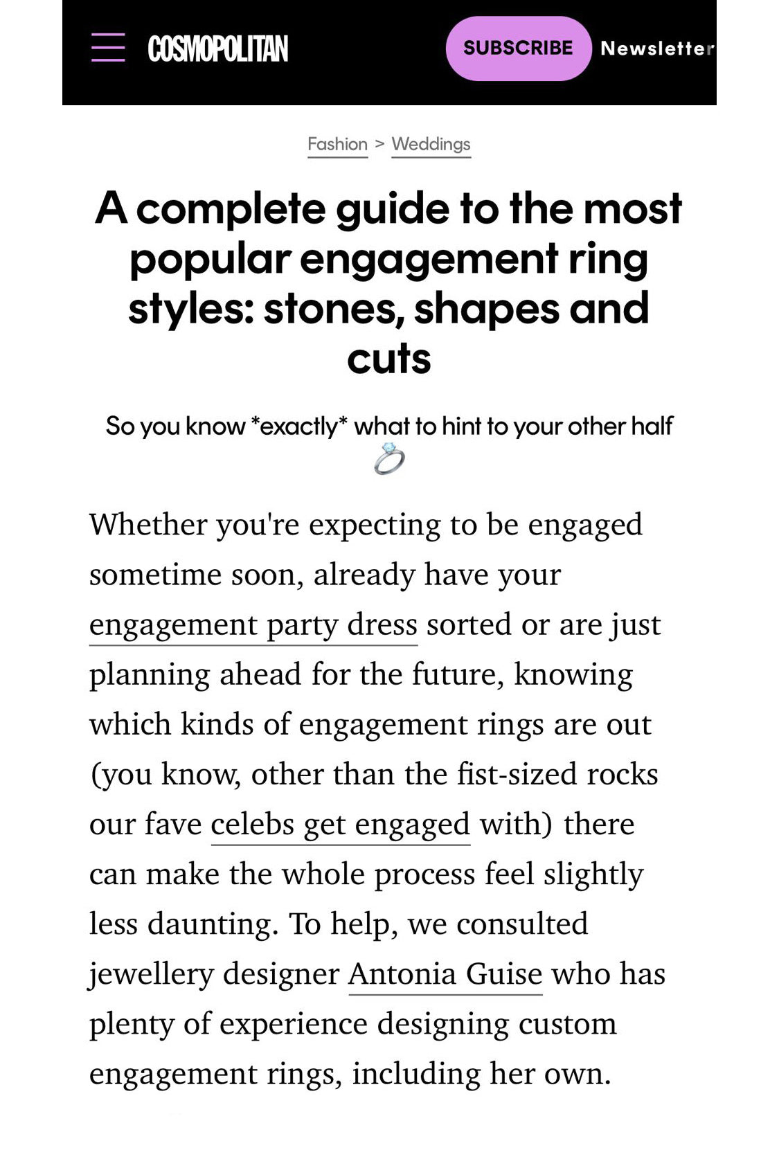 Image of the Glamour Guide to popular engagement rings where Antonia is quoted.