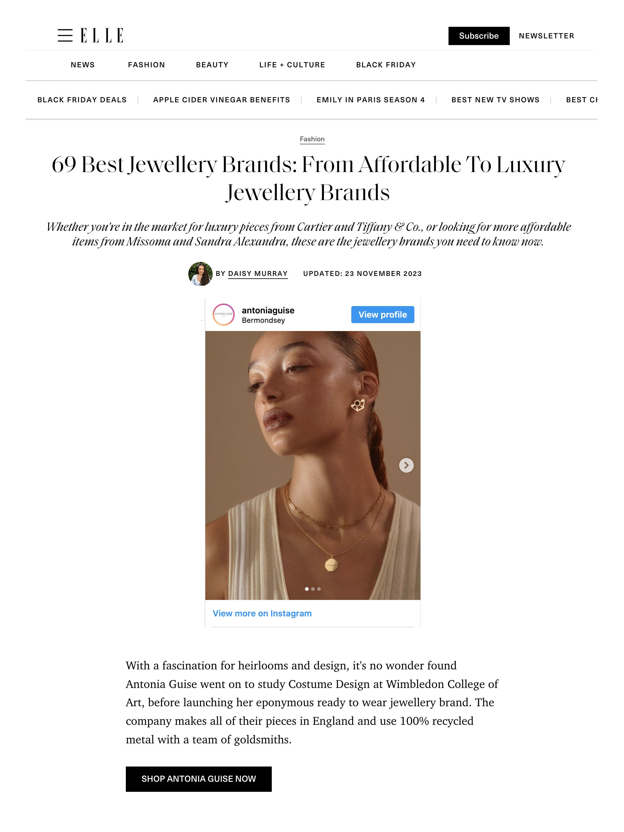 Screenshot of ELLE's 69 best jewellery brand article featuring Antonia Guise