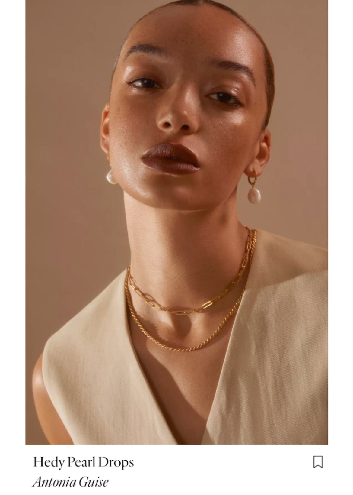 Screenshot of Sheerluxe Mothers day gift guide inclusion with image of model wearing Hedy Pearl Drops and other Antonia Guise jewellery