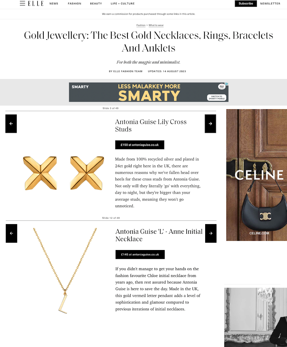 Screenshot of Antonia Guise inclusion in ELLE online article on the best gold jewellery, featuring our lily cross stud and Anne Initial Necklace