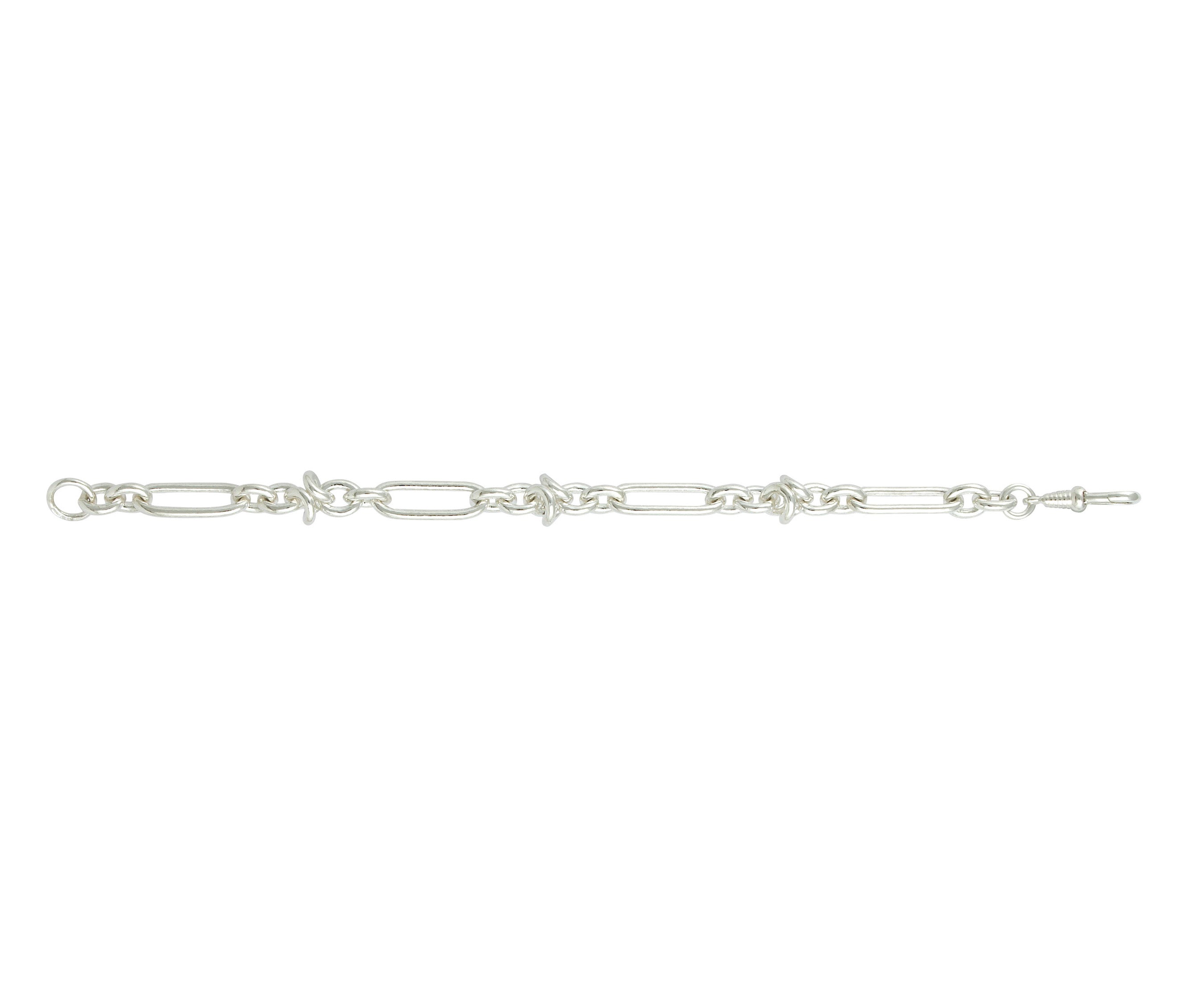 Silver Artemisia bracelet stretched out on a white background