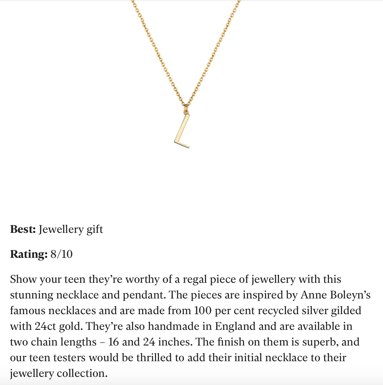 Screenshot of The Independents Gift for Teens feature that Antonia Guise's Initial Necklace we're spotlighted in