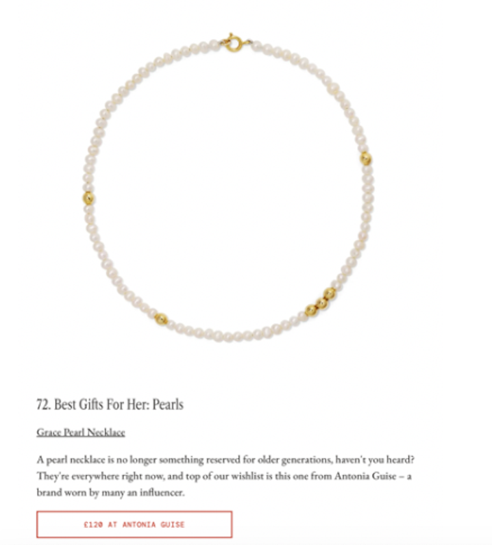 Screenshot of our Grace Pearl Necklace's inclusion in Glamour Magazine Gift Guide