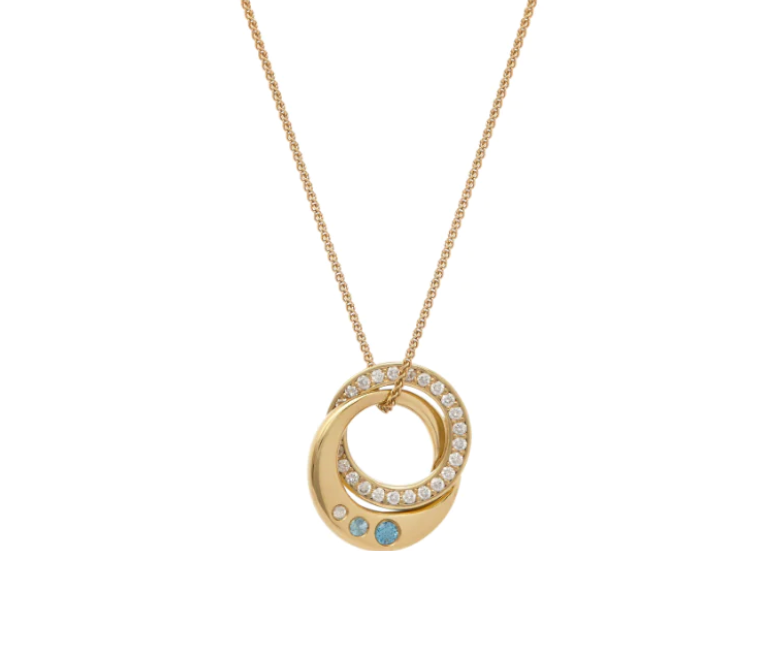 Diamond and Topaz necklace featuring interlocking rings set in 18ct yellow gold hanging on white background with shadow