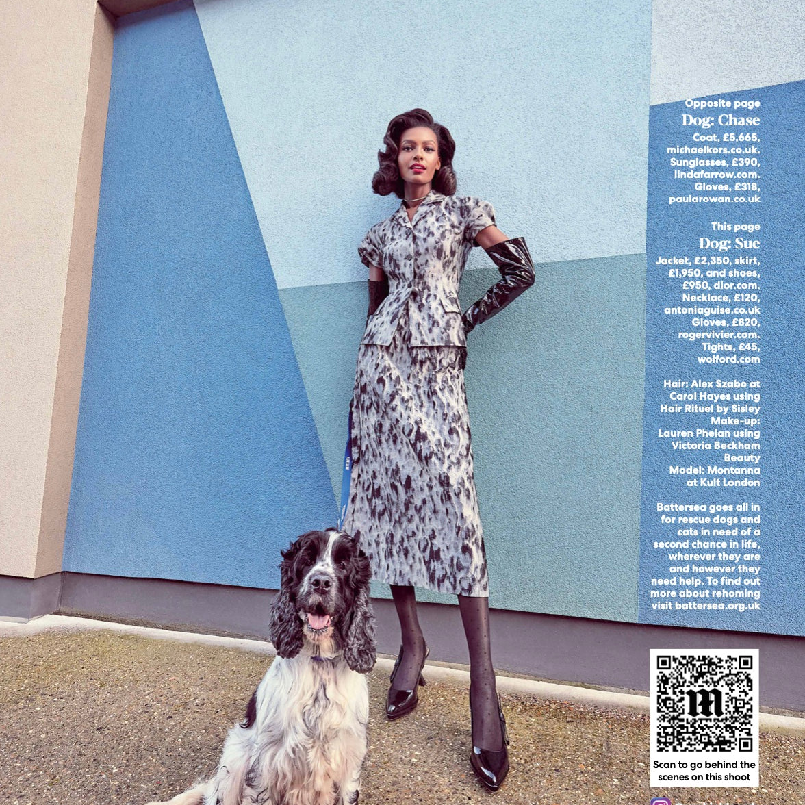 Scan of YOU Magazine editorial featuring English Springer Spaniel and a model wearing a twin skirt suit and our Grace Pearl Necklace