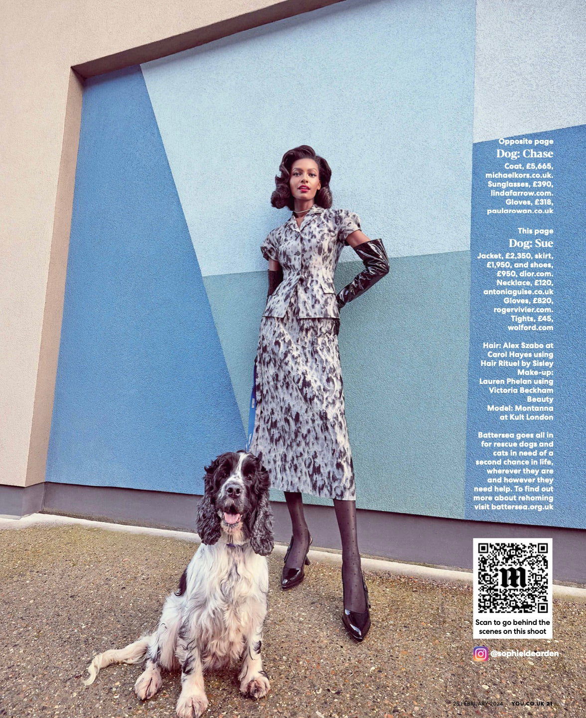 Scan of YOU Magazine editorial featuring English Springer Spaniel and a model wearing a twin skirt suit and our Grace Pearl Necklace