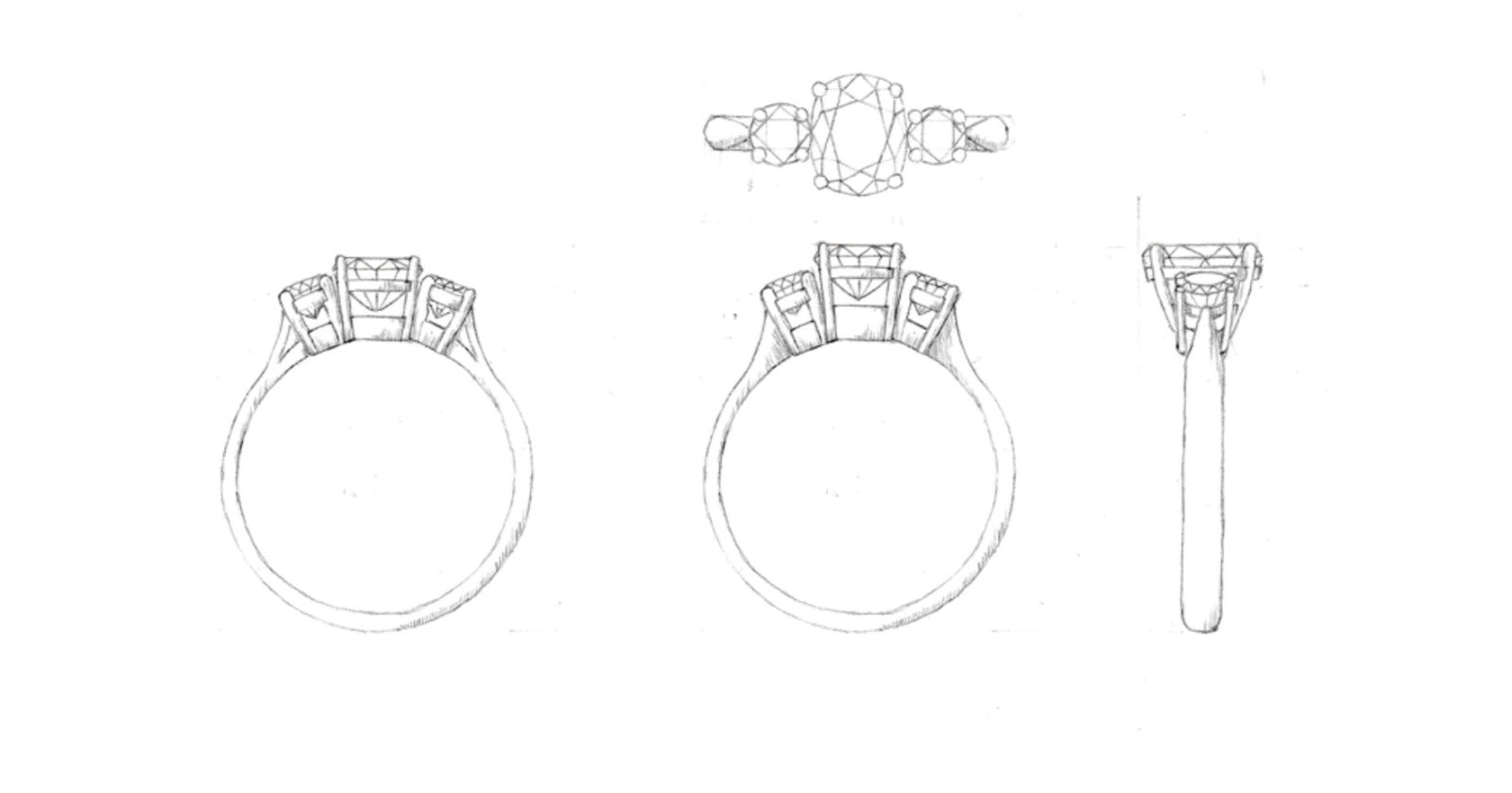 Sketch of bespoke trilogy diamond ring with two different side options.