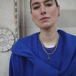 Video of Flora Macdonald Johnston wearing a royal blue jumper and our Gold Vermeil Theodora Pendant amongst other Antonia Guise Jewellery