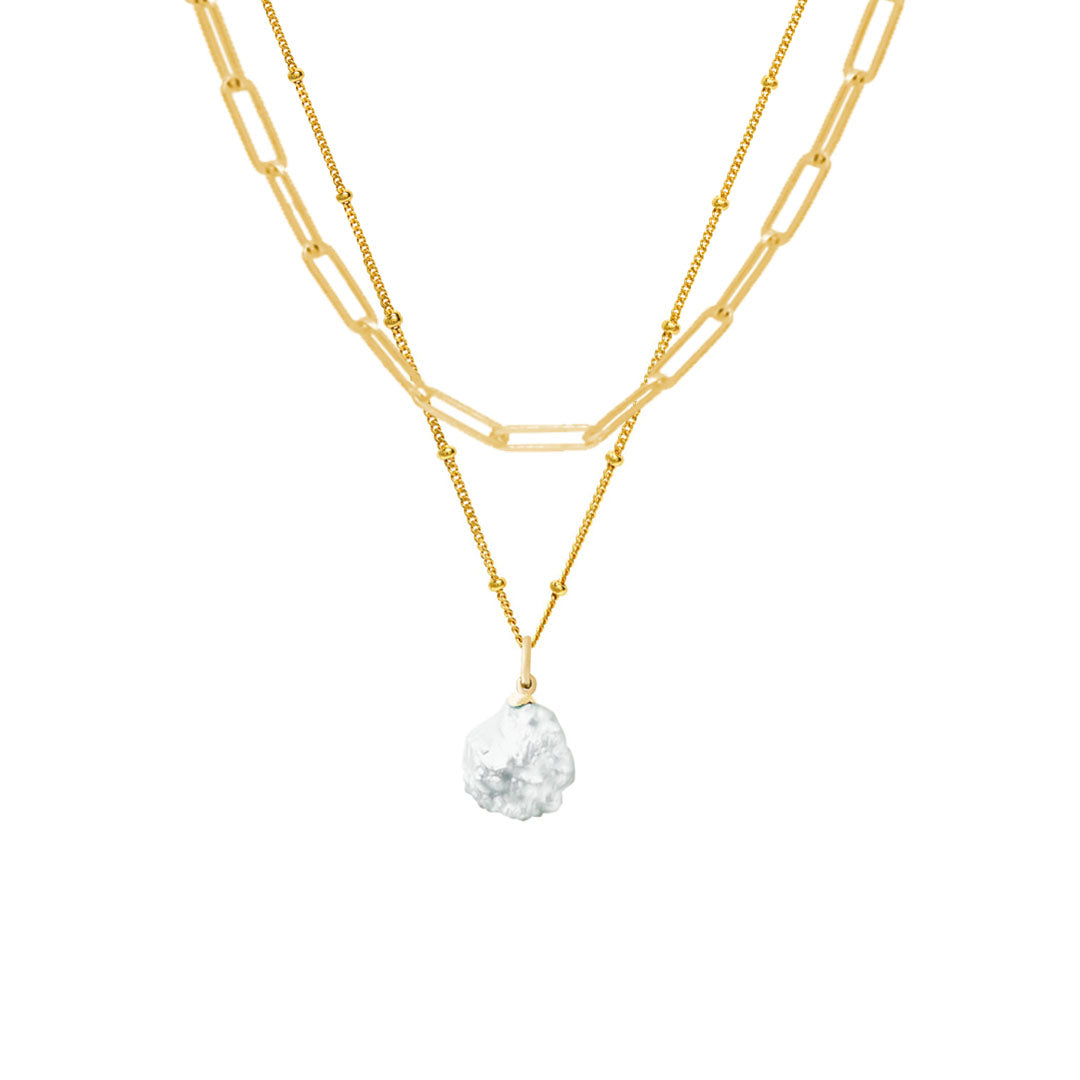 Anna pearl drop pendant and trace chain necklace on white background