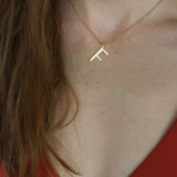 Close up of model wearing orange swimsuit and F initial necklace with wet hair