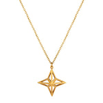 Gold Vermeil Theodora Pendant made of 8 interlocking triangles on gold chain on white background