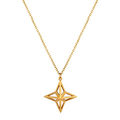 Gold Vermeil Theodora Pendant made of 8 interlocking triangles on gold chain on white background