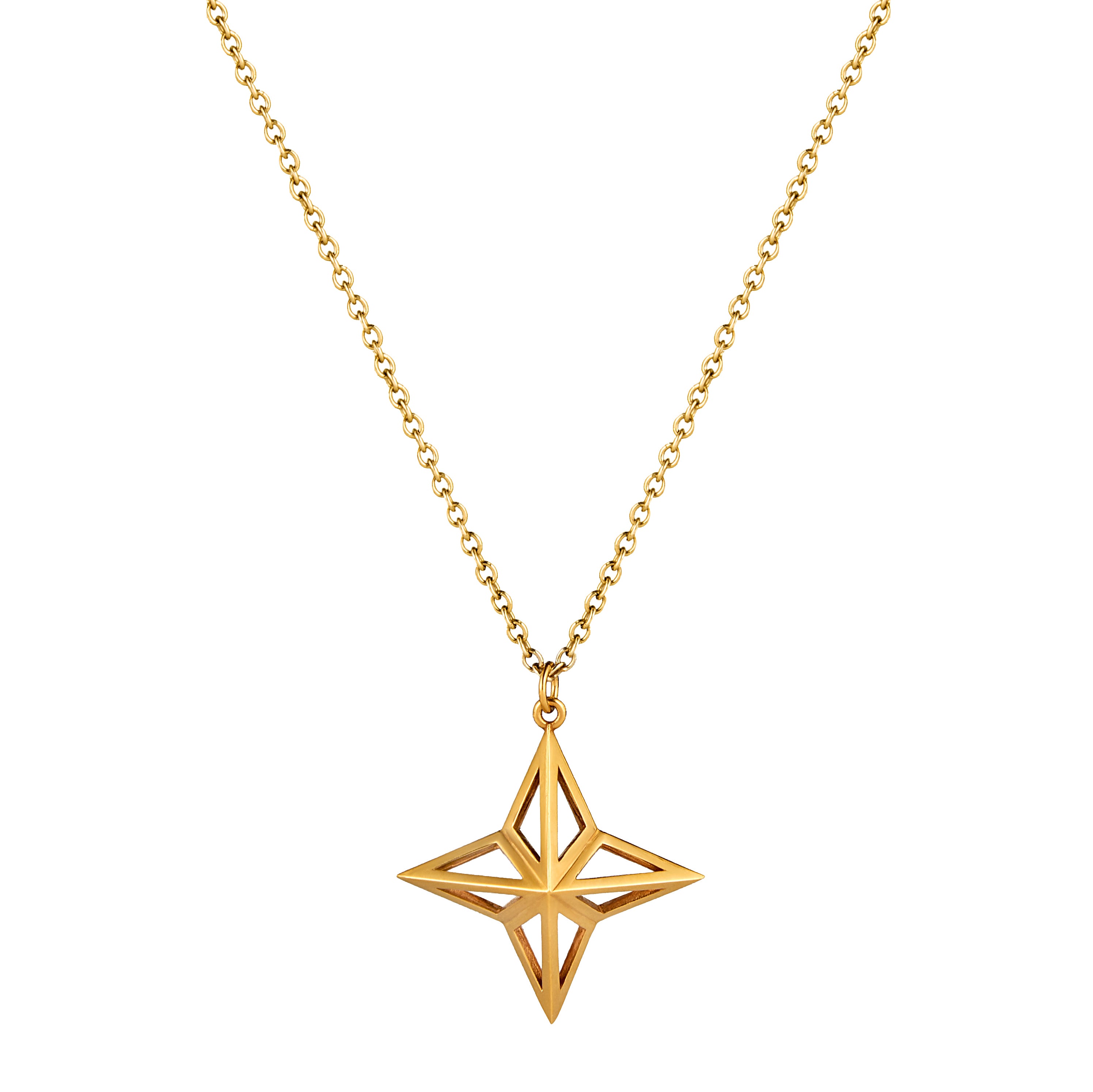Gold Vermeil Theodora Pendant made of 8 interlocking triangles on gold chain on white background