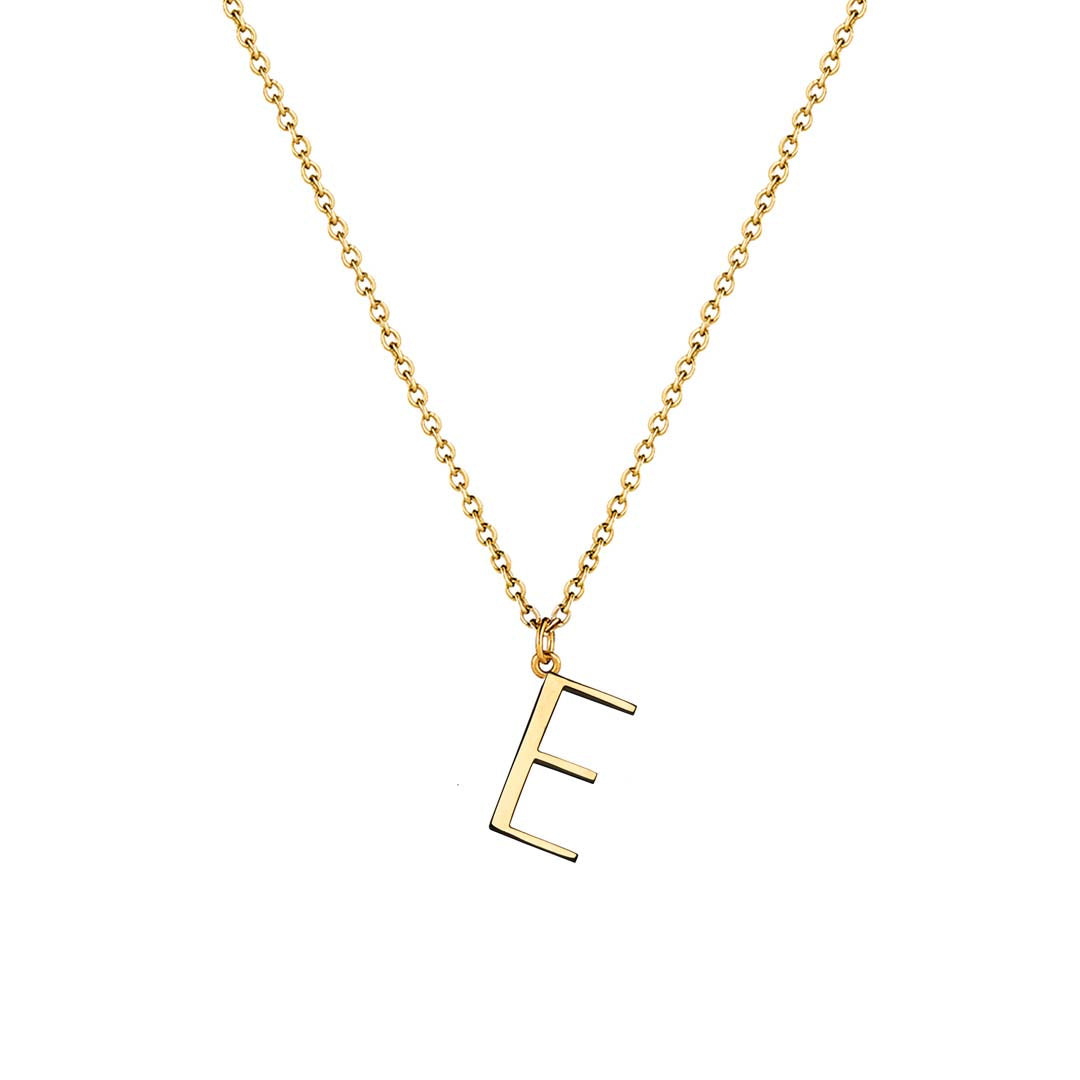 E Anne Initial on gold chain on white background