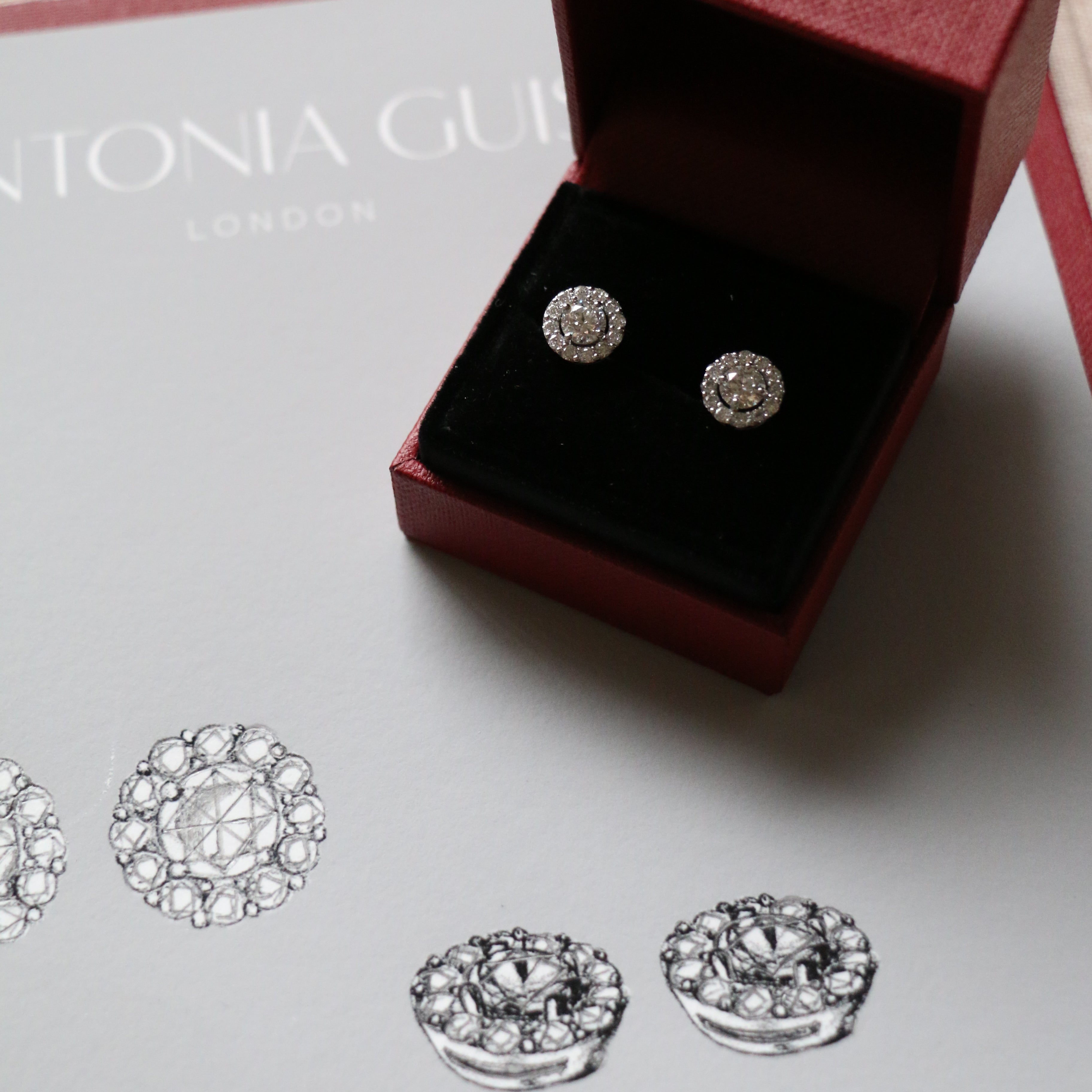 A pair of bespoke diamond halo earrings designed by Antonia Guise to celebrate a milestone occasion. 