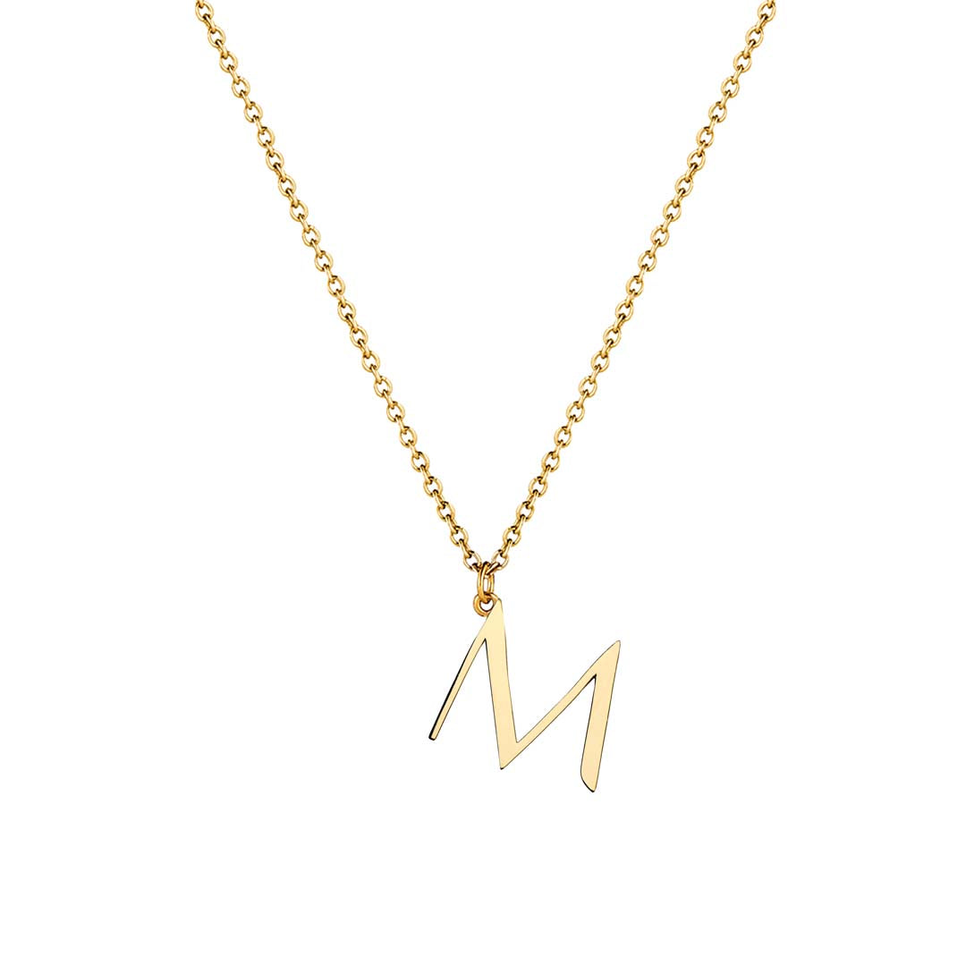M Anne Initial on gold chain on white background