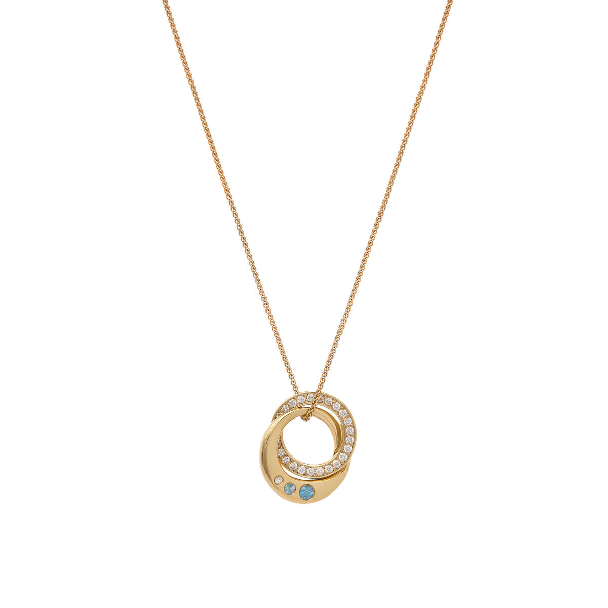 Diamond and topaz interlocking circle pendant hanging on a 9ct gold chain on white background