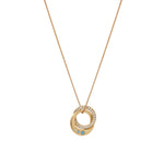 Diamond and topaz interlocking circle pendant hanging on a 9ct gold chain on white background