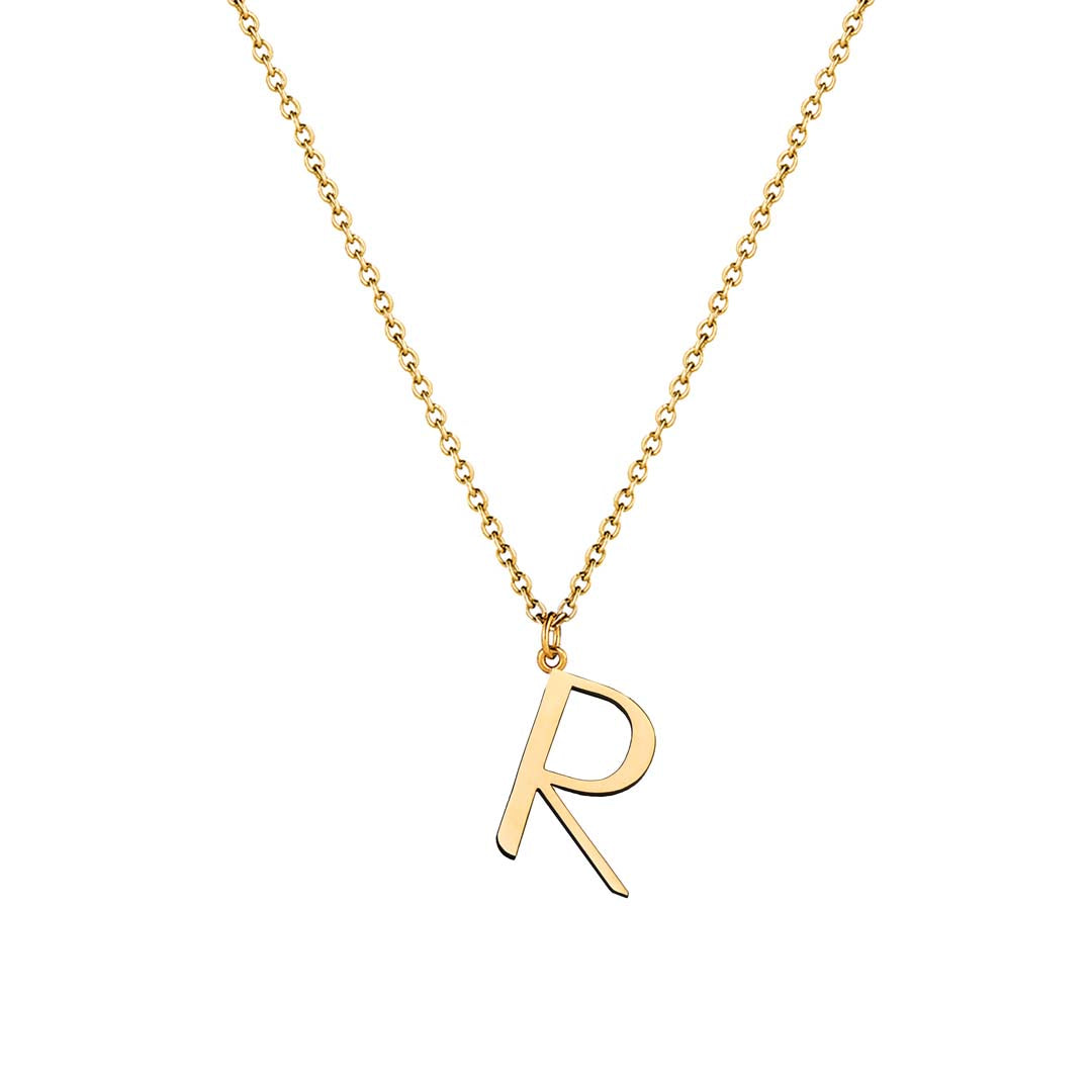 R Anne Initial on gold chain on white background