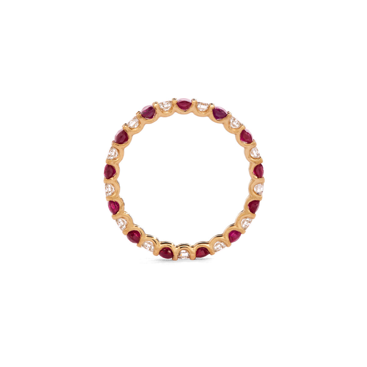 Image of oval Pink Ruby and round Diamond eternity band set in yellow gold in profile on a white background