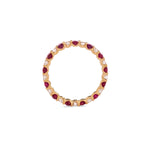 Image of oval Pink Ruby and round Diamond eternity band set in yellow gold in profile on a white background
