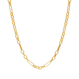 Gold vermeil interlinking oval and round chain links hanging on a white background