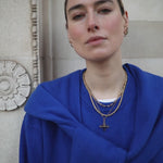 Video of model wearing bright blue jumper and our Jenny Trace Chain