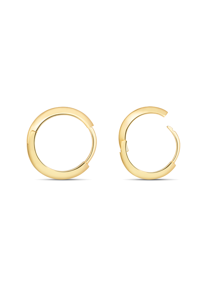 Gold Cecilia Huggie Hoops in profile on a white background