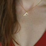 Close up of model wearing orange swimsuit and F initial necklace with wet hair