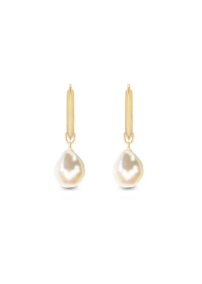 Gold Cecilia Huggie Hoops with our Pearl Drops on a white background