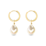 Gold Cecilia Huggie Hoops in profile with our Pearl Drops on a white background