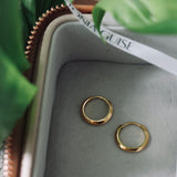 Shot of gold huggie hoops in a pink jewellery box with green leaves