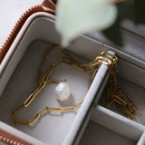 Antonia Guise Anna pearl drop necklace and Jenny trace chain in pink jewellery box